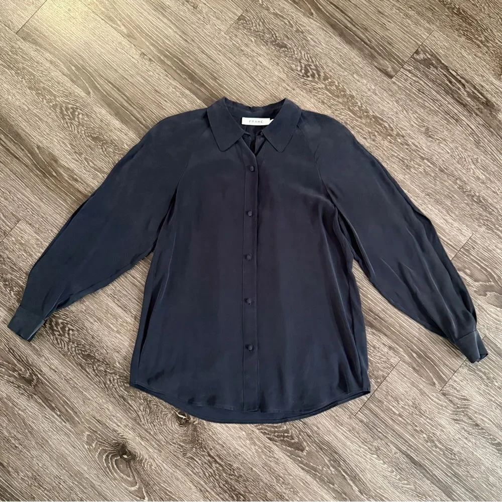 Frame Navy Slit Sleeve Silk Button Up